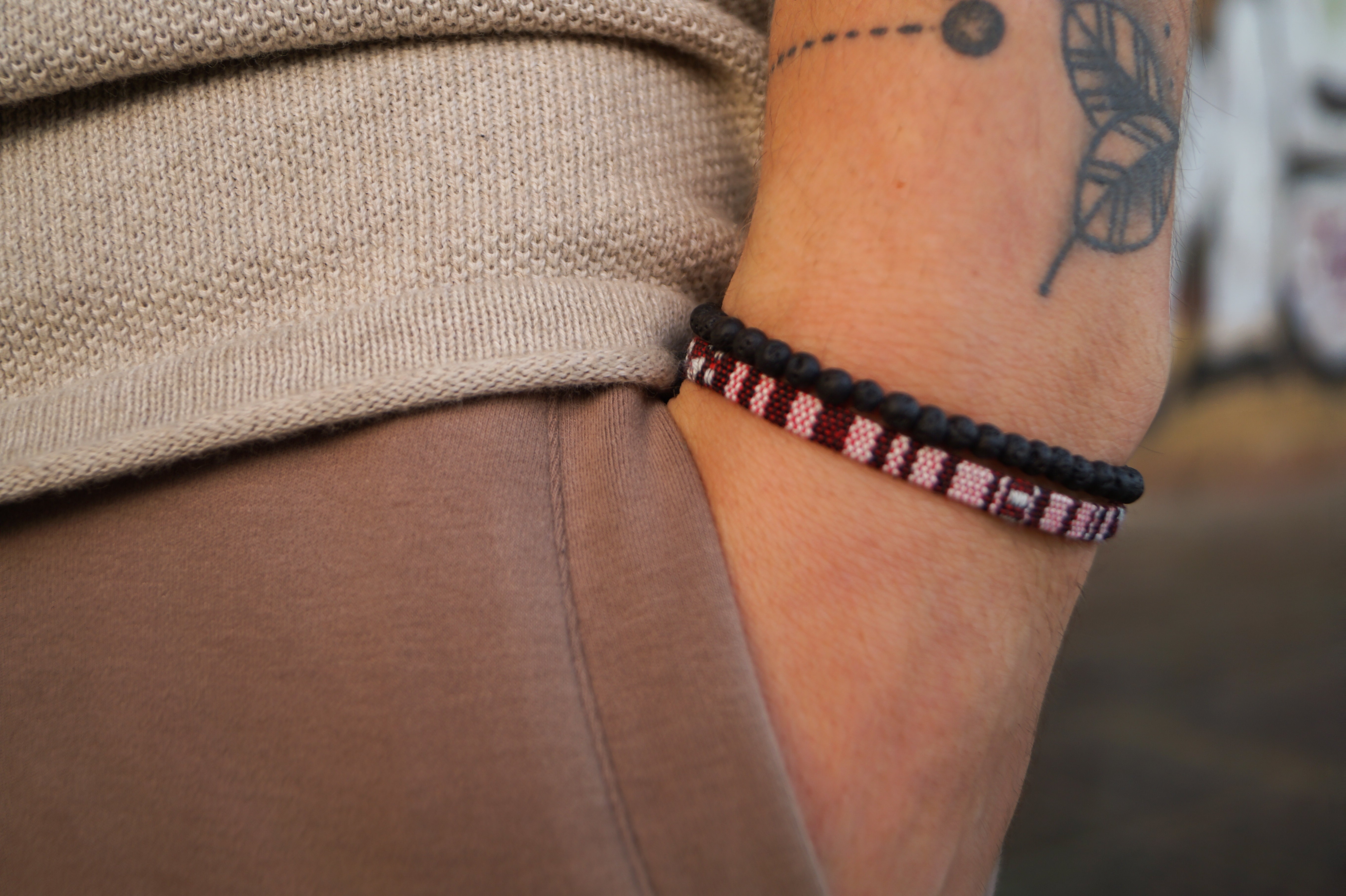 2x Boho Surfer Bracelet Men - Ruby Red + Lava Beads