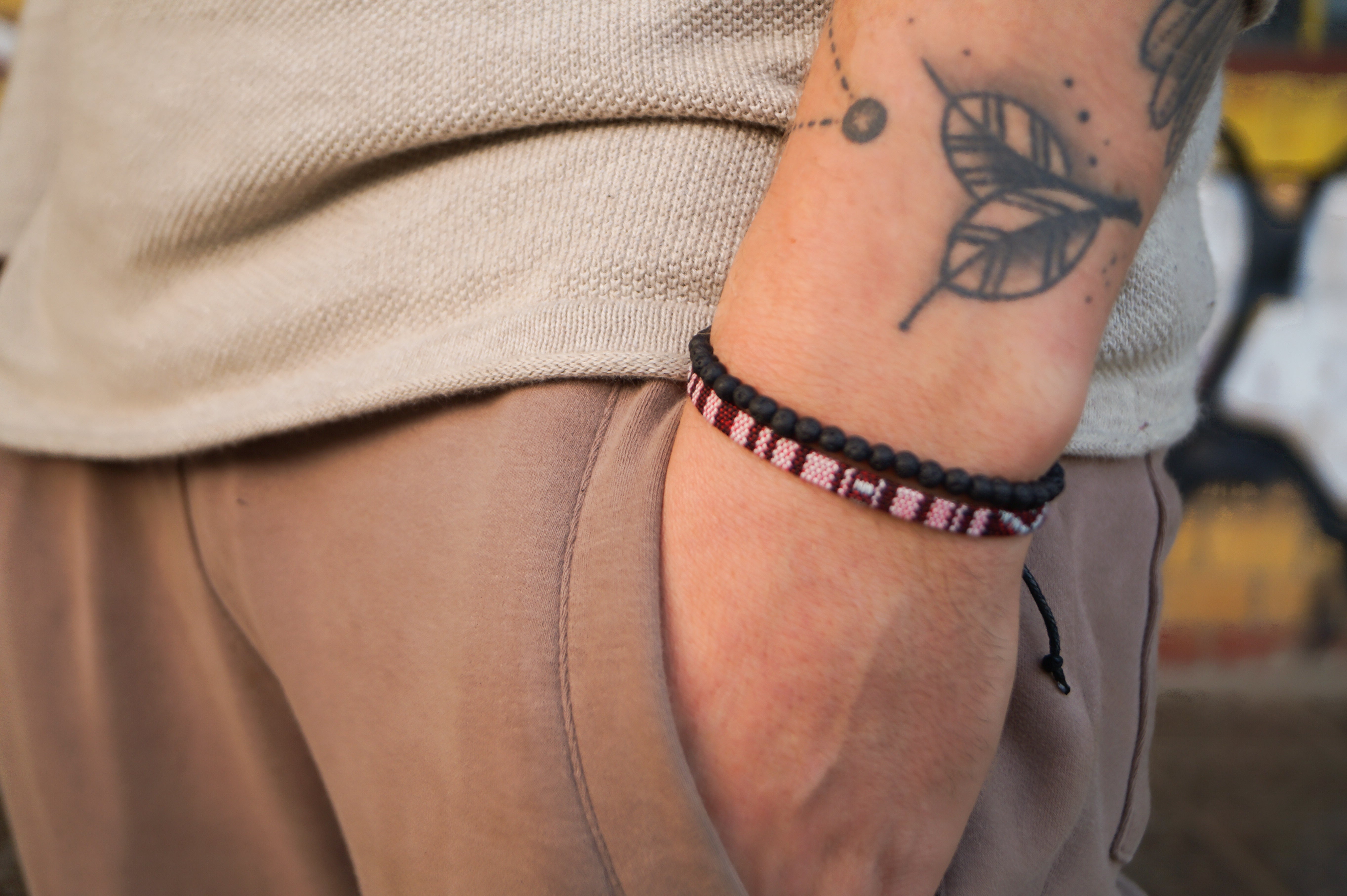 2x Boho Surfer Bracelet Men - Ruby Red + Lava Beads